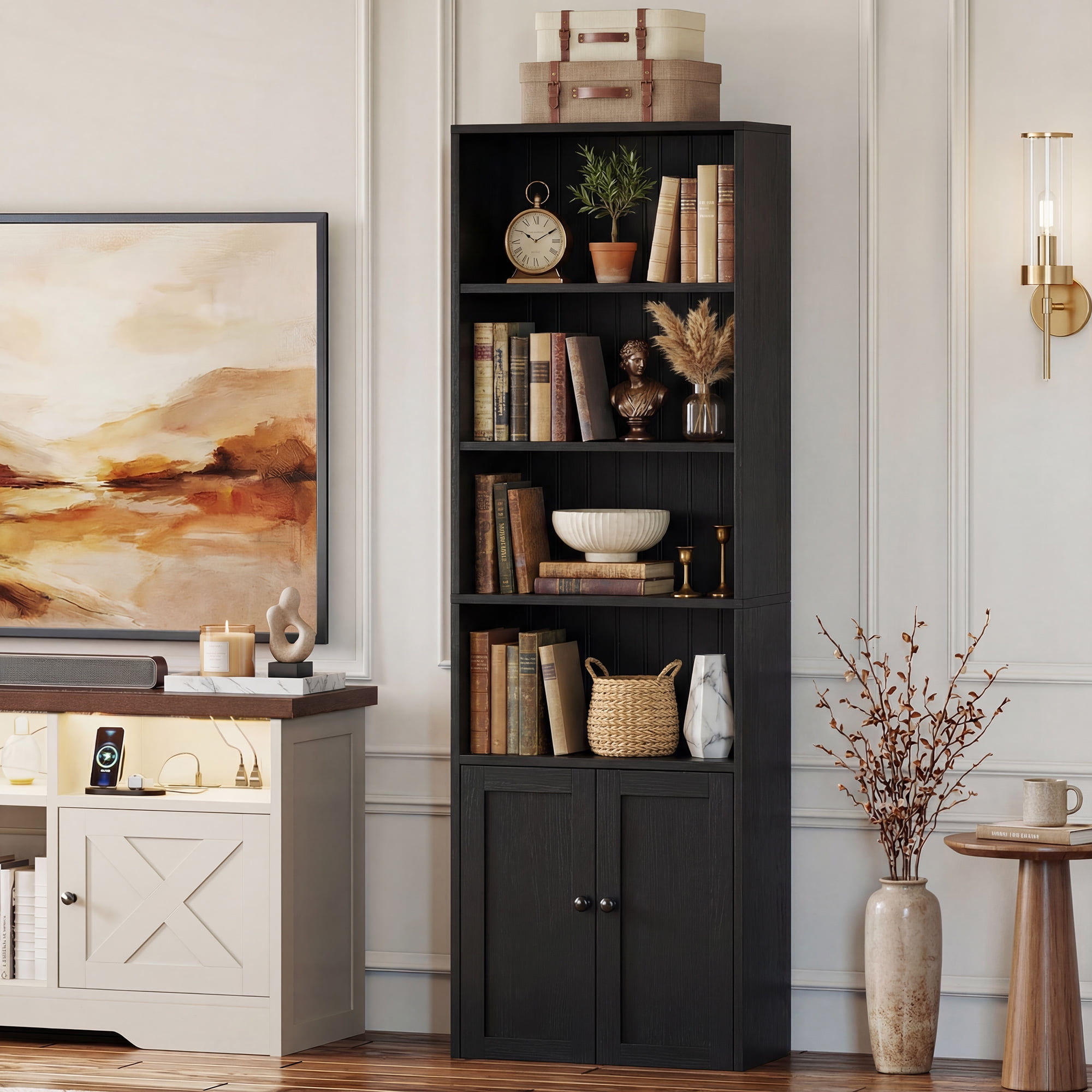 Casacomoda 6-Tier Bookcase with Cabinet, Modern Bookshelf for Home Office, Living Room or Bedroom, Easy Assembly & Stable Structure, Black