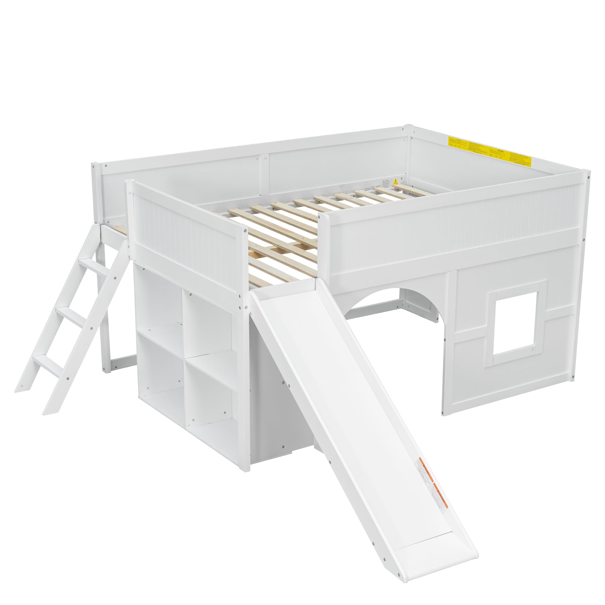Euroco Full Size Loft Bed with Shelves and Ladder, Low Profile Wood Bed with Door and Window Design, White
