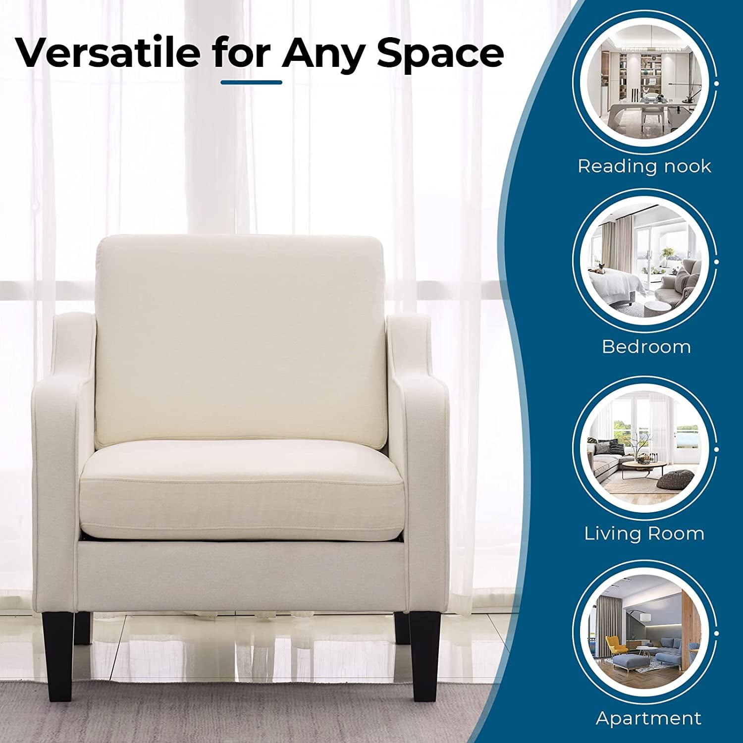 VINGLI Mid-Century Accent Chairs, Upholstered Linen Armchairs for Living Room/Bedroom, Beige (Set of 2)