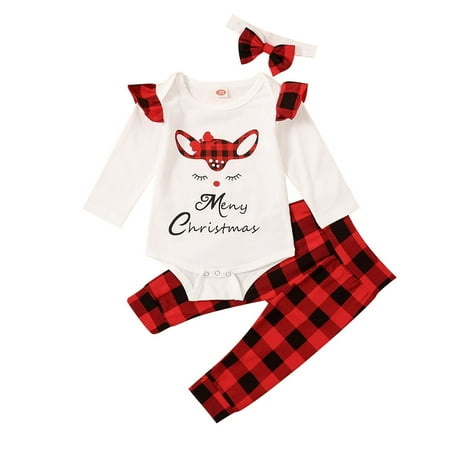 

Honeeladyy Winter Infant Baby Girls Boys Christmas Letter Bodysuit Romper+Plaid Pants Outfits White Sales Online
