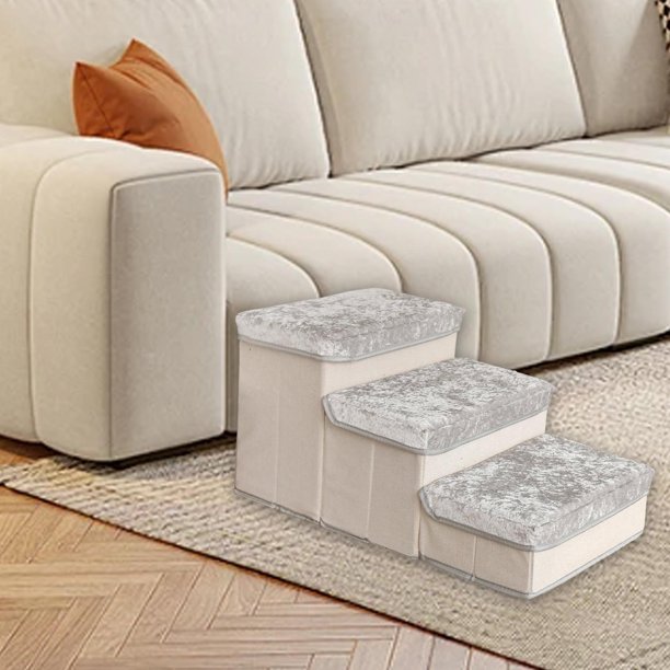 Escalera para perros de 3 escalones con almacenamiento, plegable, para cama alta o sofá, reposapiés estable, rampa para cachorros, escalera para sofá gris