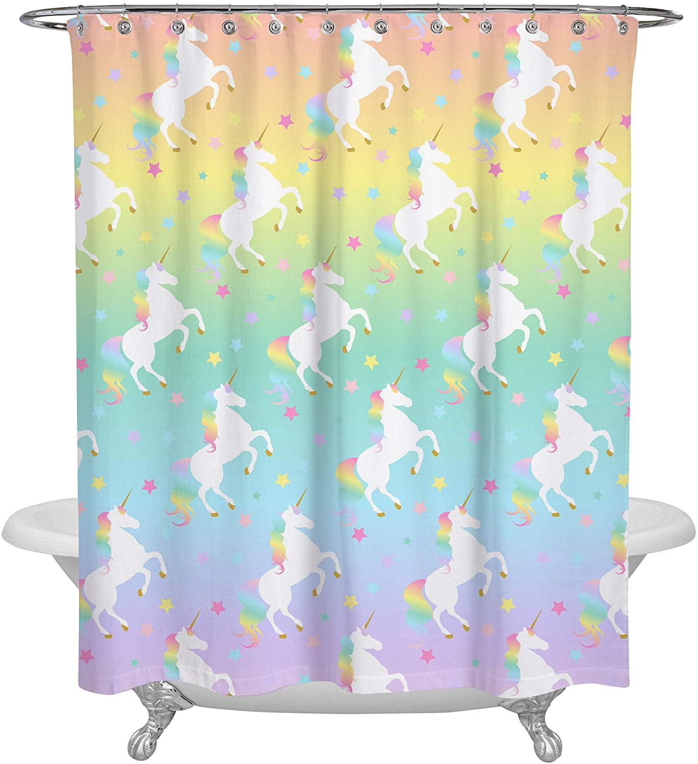 Rainbow Unicorn Polyester Shower Curtain Print Bathroom Waterproof Fabric & Hook 