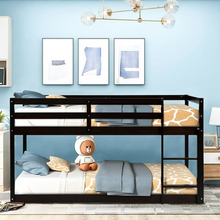 Solid Wood Low Bunk Bed for Kids, Twin Over Twin Floor Bunk Bed with Safety Rail, Ladder, Heavy Duty Bunk Beds Mattress Foundation for Boys Girls, Space-Saving Bedroom Dorm Furniture, Espresso, Q8769