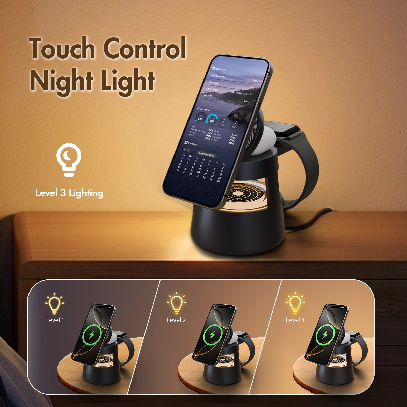 Wireless Charger,4 in 1 Charging Station for iPhone Charger with Mushroom Light,22.5W Fast Charging Phone Charger for iPhone 8 and Above Series,Magsafe Charging Station Compatible with Airpods iWatch