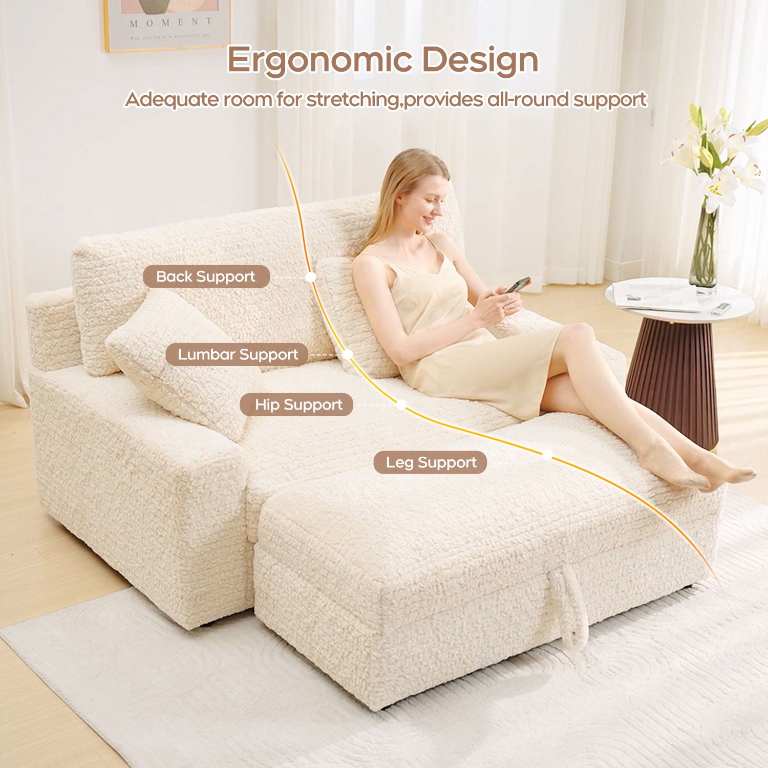 Boucle Oversized and Convertible Sleeper Loveseat with Storage Ottoman and Pillows, Beige