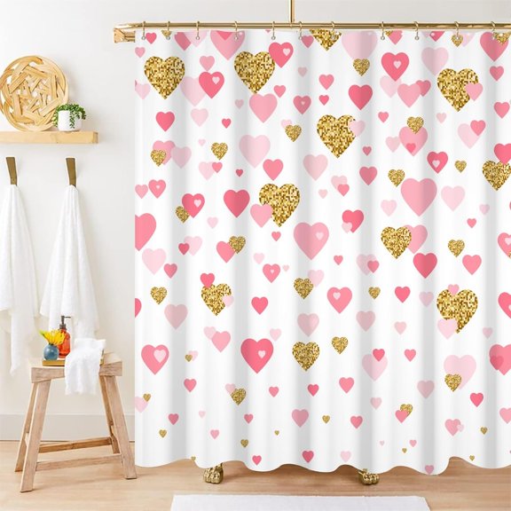 Valentine''s Day Shower Curtain, Romantic Gold and Pink Heart Shower Curtain Set for Bathroom Waterproof Fabric Shower Curtain with Hooks, 72x84 Inch
