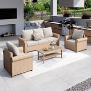 SUMMIT LIVING 4-Piece Wicker Patio Furniture Set, 5-Seat Outdoor Conversation Set with Double-Tier Coffee Table, Beige