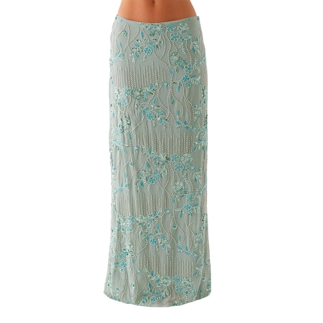 falda larga sookabeila con bordado floral de lentejuelas para mujer Falda larga de cintura baja color verde agua aparente con bordado floral de lentejuelas y cuentas, silueta recta frontal hasta el tobillo, detalles de hileras verticales de cuentas y flores bordadas, fondo blanco de estudio; adecuada para verano, fiestas y sesiones de fotos.