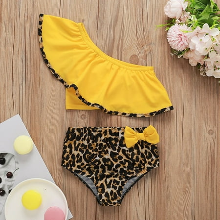 

Toddler Baby Kids Girls Ruffles Leopard Print Bow Beach Two-Piece Swimwear Sets