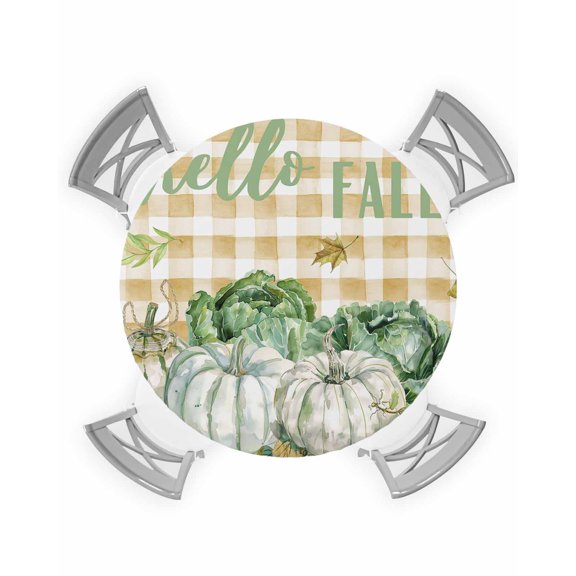 nqOlkjepod Hello Fall Round Tablecloth, Fitted Table Cover with Elastic for 45"-54" Round Tables, Watercolor Pumpkins Vegetable Orange Plaid Table Cloth Outdoor Dinning Party Waterproof Tablecloths
