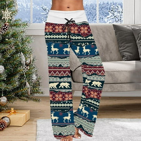 

TIANEK Christmas Winter Plus Size Elastic Waist Wide Leg Sweatpants Xmas Elk Snowflake Loose Drawstring Scrubs for Women Set Jogger Pants Reduced Price