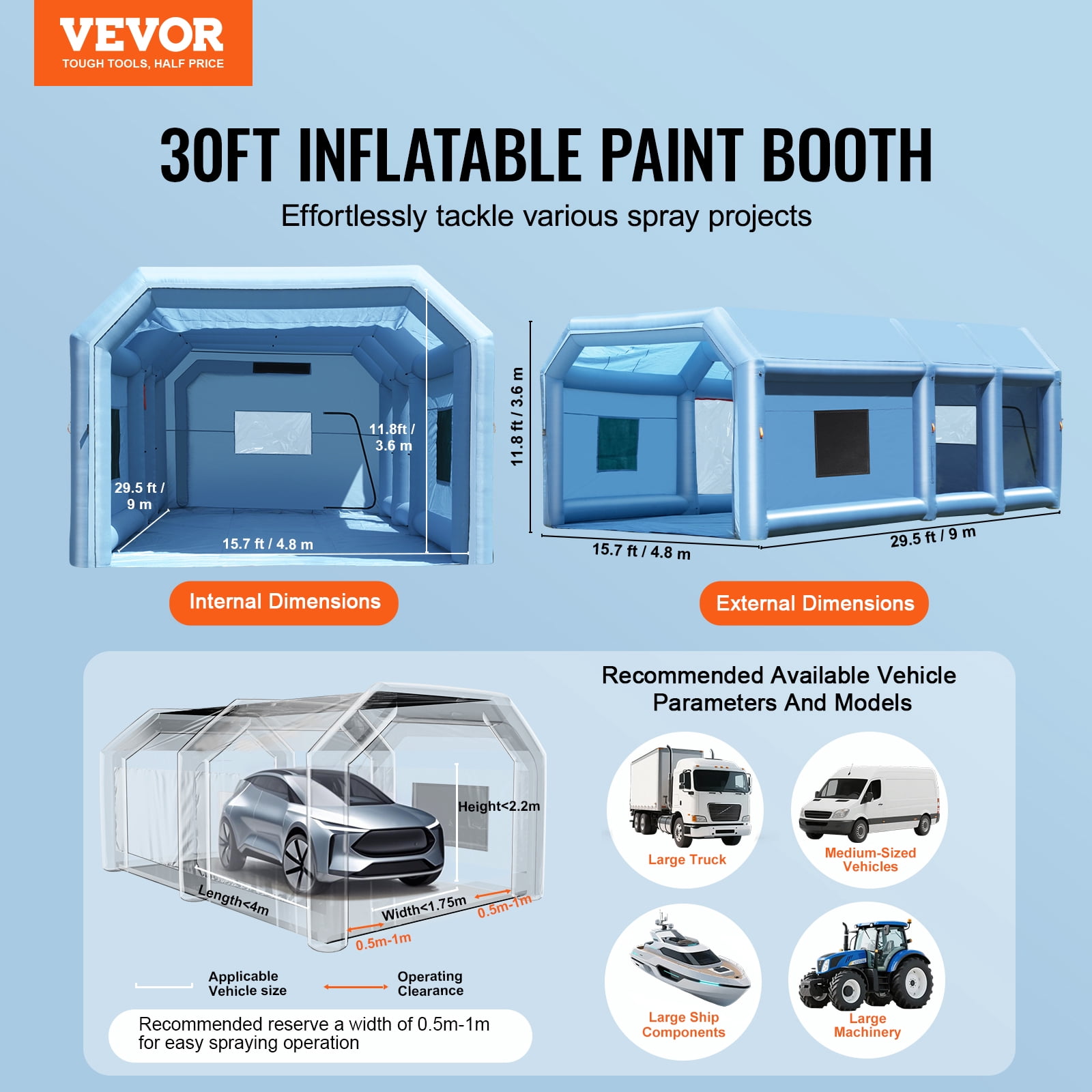 VEVOR Inflatable Paint Booth, 29.5 x 15.7 x 11.8 ft Inflatable Spray Booth, with 950W+750W Powerful Blowers and Air Filter System, Portable Car Paint Booth for Large Truck, Large Van, Large Machinery