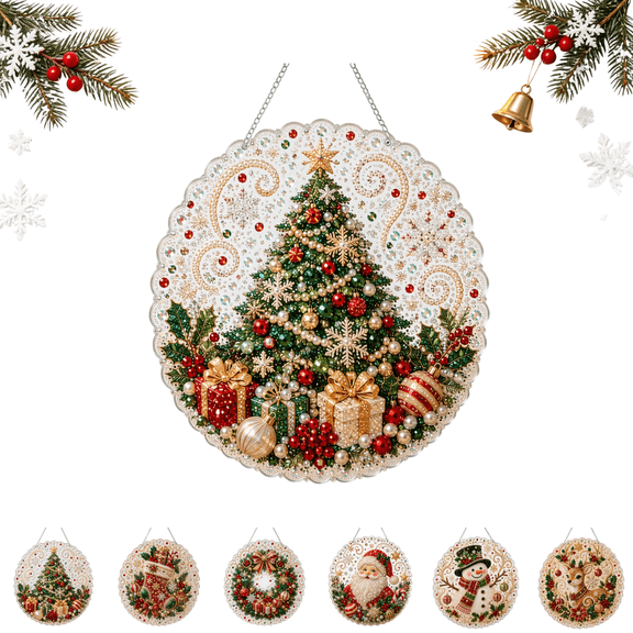 Christmas Diamond Art Kits for Adults, Christmas Pearl Diamond Art Acrylic Suncatcher, DIY Lace Edge Hanging Ornament Pearl Diamond Painting Craft Set