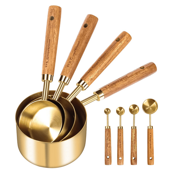 8 Pcs Set Golden Baking and Cooking Measuring Spoon Set, with Wooden Handle,Stainless Steel,Specially Designed for Cooking and Baking, Kitchen Utensils