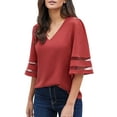 thumbnail image 6 of luvamia Blouse for Women Dressy V Neck Mesh Patchwork Tops Bell Sleeve Cranberry Tops Size L, 6 of 9