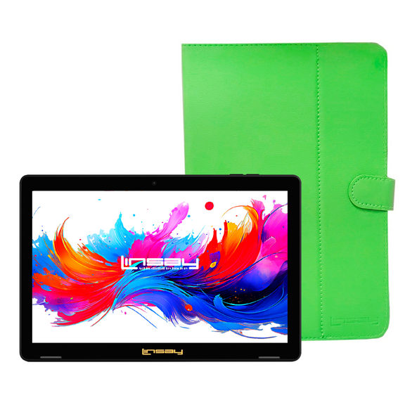 LINSAY 10.1" Octa Core 256GB Storage Android 15 Tablet with Green Leather Case