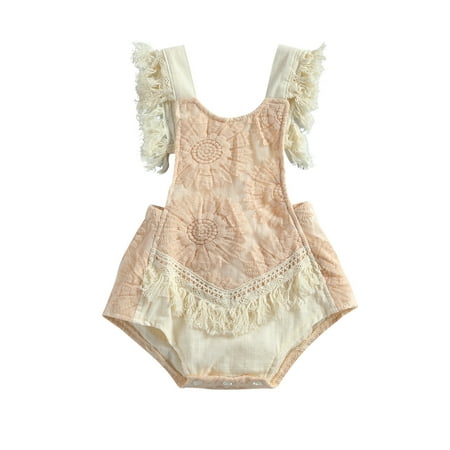 

Mioliknya Baby Girl Sleeveless Tassel Romper Loose Flower Pattern U-Shaped Neck Tie-Up Playsuit