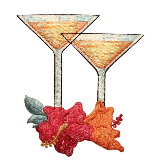 ID 1151Z Martini Glasses With Flowers Patch Cocktail Embroidered Iron On Applique