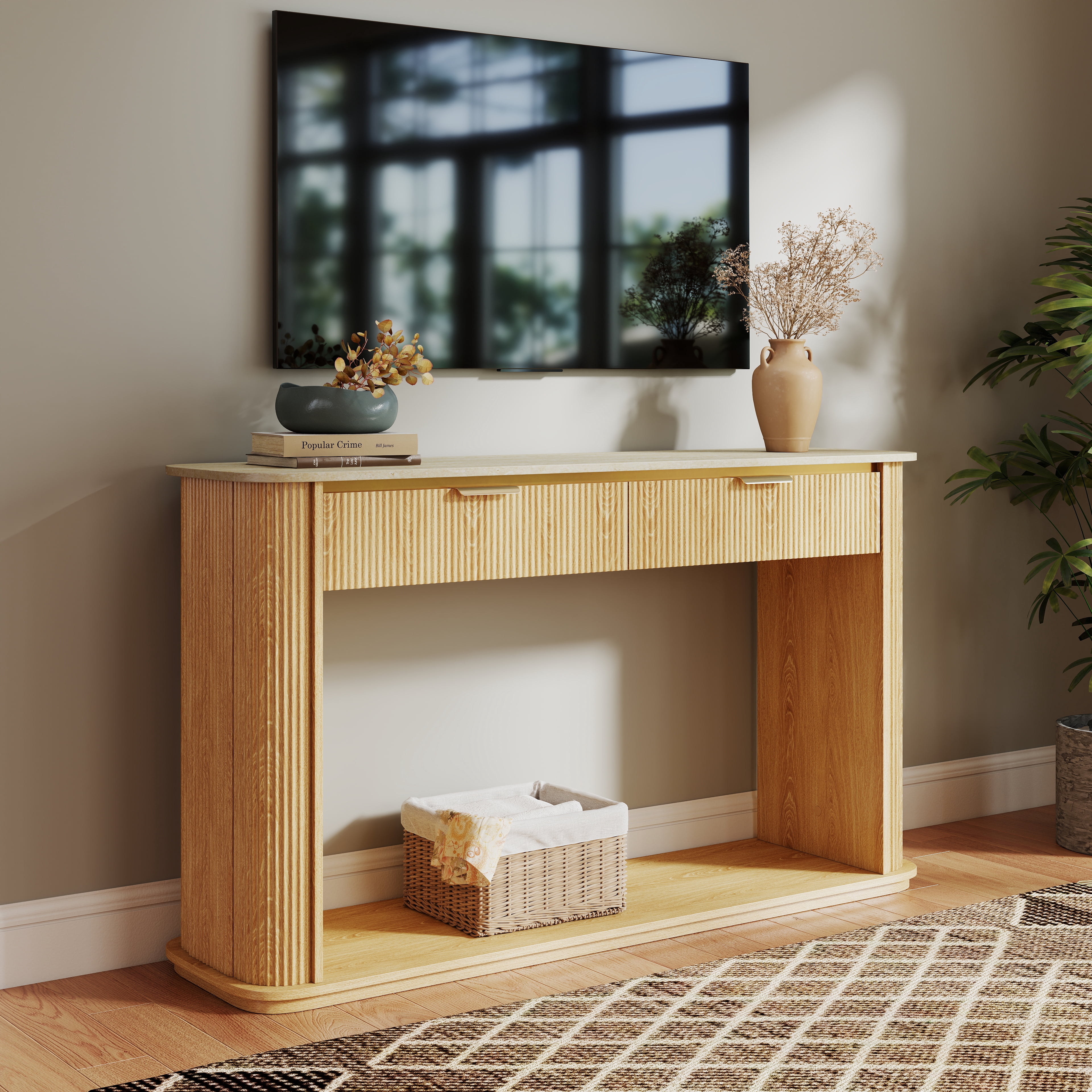 Fluted Console Table with Faux Travertine Top, 63" Entryway Sofa Table with Rose Gold Trim, 2 Drawers and Open Shelf, Curved Edge Modern Hallway Accent Table for Living Room