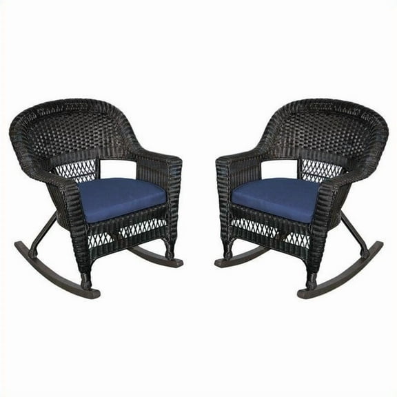 Jeco Wicker Chair in Black with BlueCushion (Set of 4)