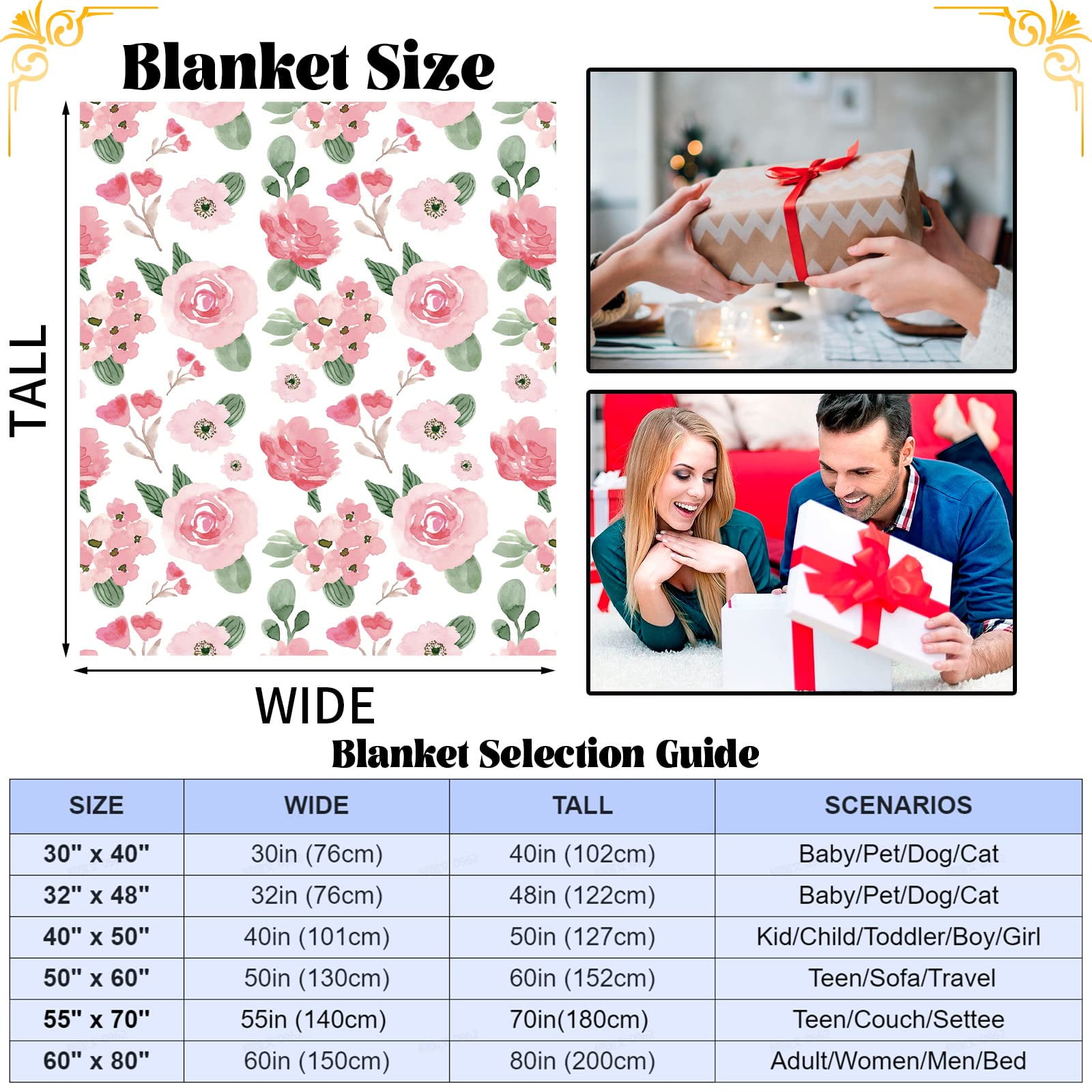 Floral Throw Blanket, Pink Rose Floral Throw Blanket, Soft Cozy Flannel Flower Blankets, Fluffy Fuzzy Rosebuds Wildflowers Print Blankets for Girls Women Gifts Home Sofa Couch Bed Decor,(40"x50")