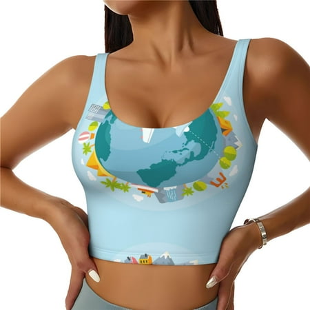 Jgfou Dreaming Travel Print Womens Sports Bra - Padded Workout Sports Bras Crop Tank Top