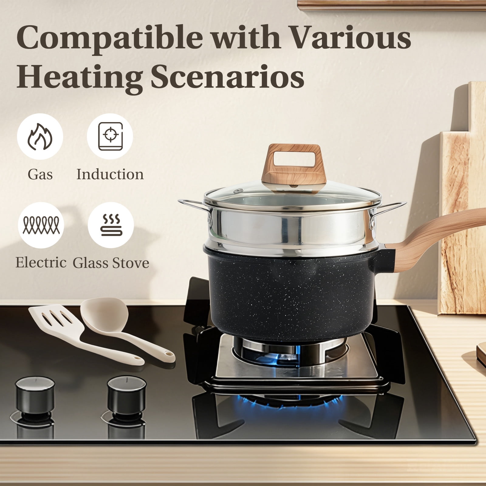 CONCETTA 25 Piece Nonstick Ceramic Cookware Set, Black Granite Induction Pots and Pans with Stay-Cool Handles & Lids, Healthy Kitchen Cooking Set
