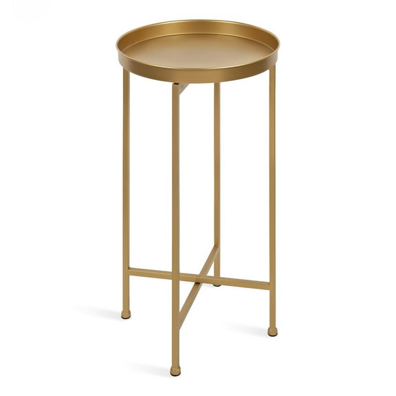 Kate and Laurel Celia Round Metal Foldable Accent Table with Tray Top, Gold