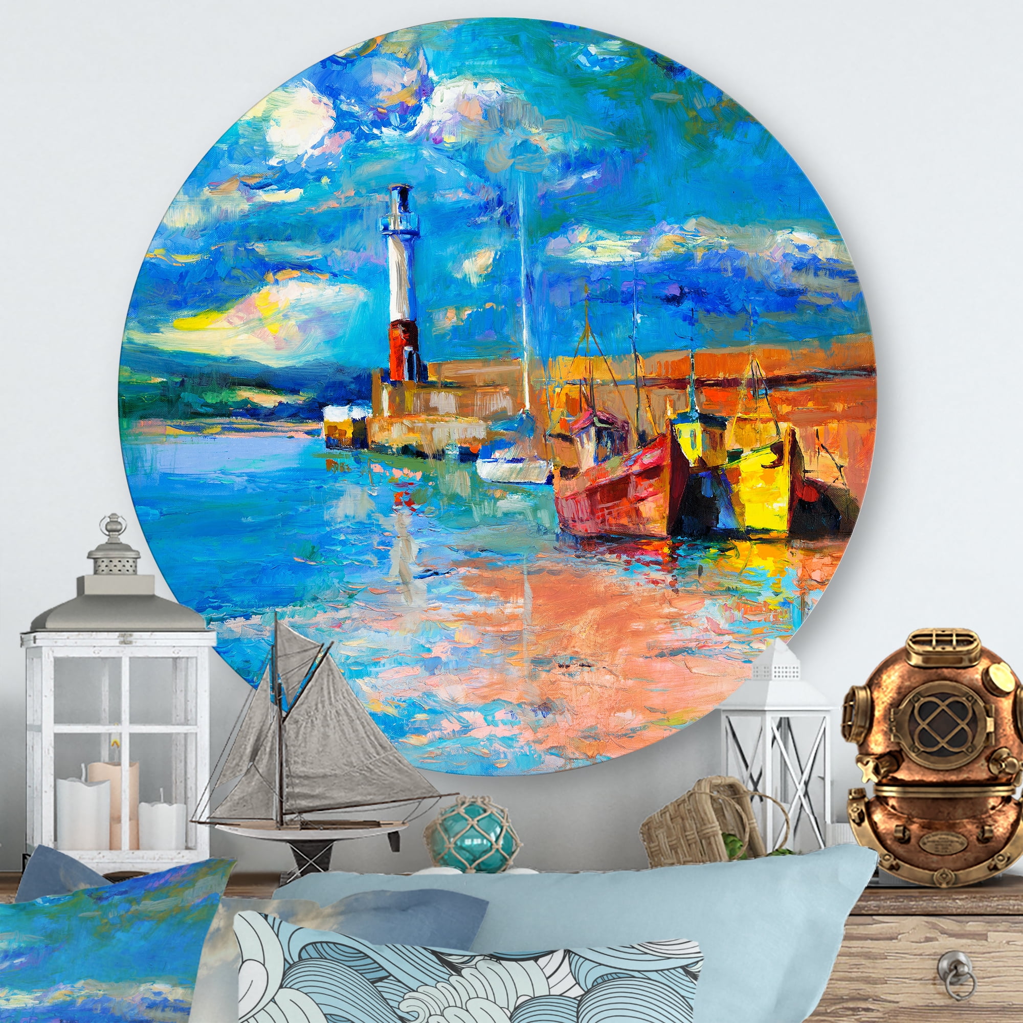 Designart 'Lighthouse By The Shore In Evening Glow ' Nautical & Coastal Circle Metal Wall Art 23x23 - Disc of 23