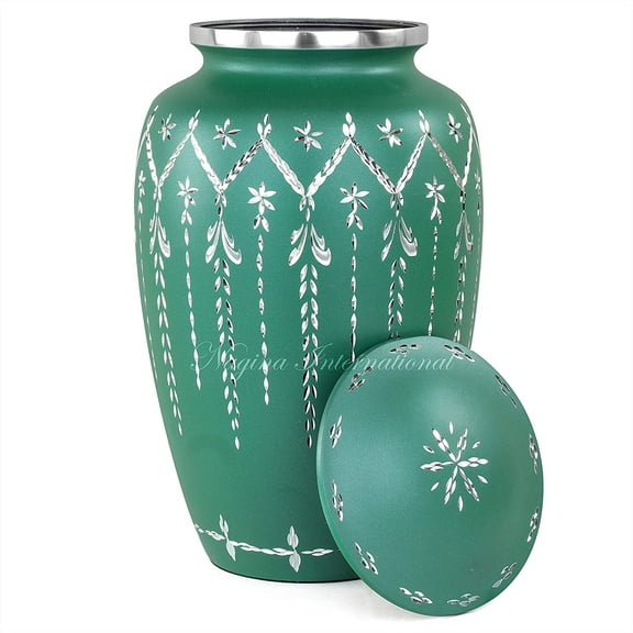 10" Diamond Green Hand Chiseled Premium XL Aluminum Cast Cremation Urn with Lid | Pet & Adults Cremation Aluminum Metal Urns (Chiselled Green)