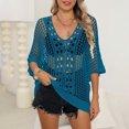 thumbnail image 2 of USSUMA Cover Ups for Swimwear Women Casual Short Sleeve Breathable Blouse Tunic Hollow Out Valentine's Day loose casual Shirt tops Women's Swimsuits for Dating Walking Athletic Fit Blue, 2 of 4