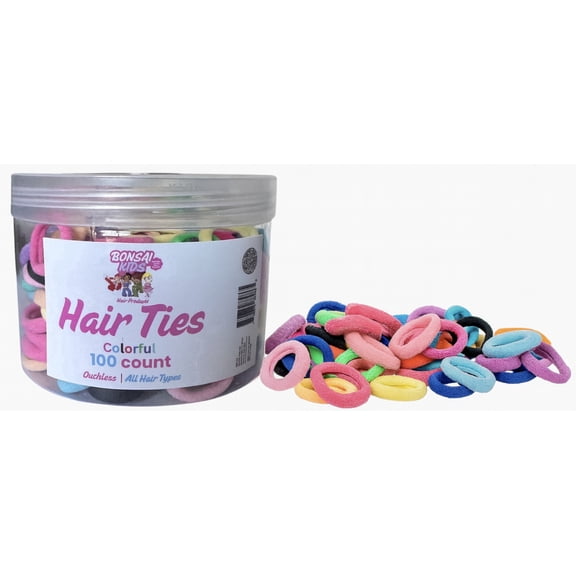 Bonsai Kids Colorful Hair Ties, Elastic No-Crease Ponytail Holders for Girls and Teens, Multi-Color, 100 Count