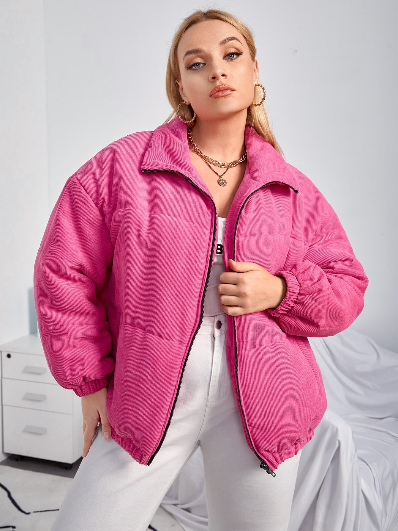 Drop Shoulder Corduroy Puffer Coat 