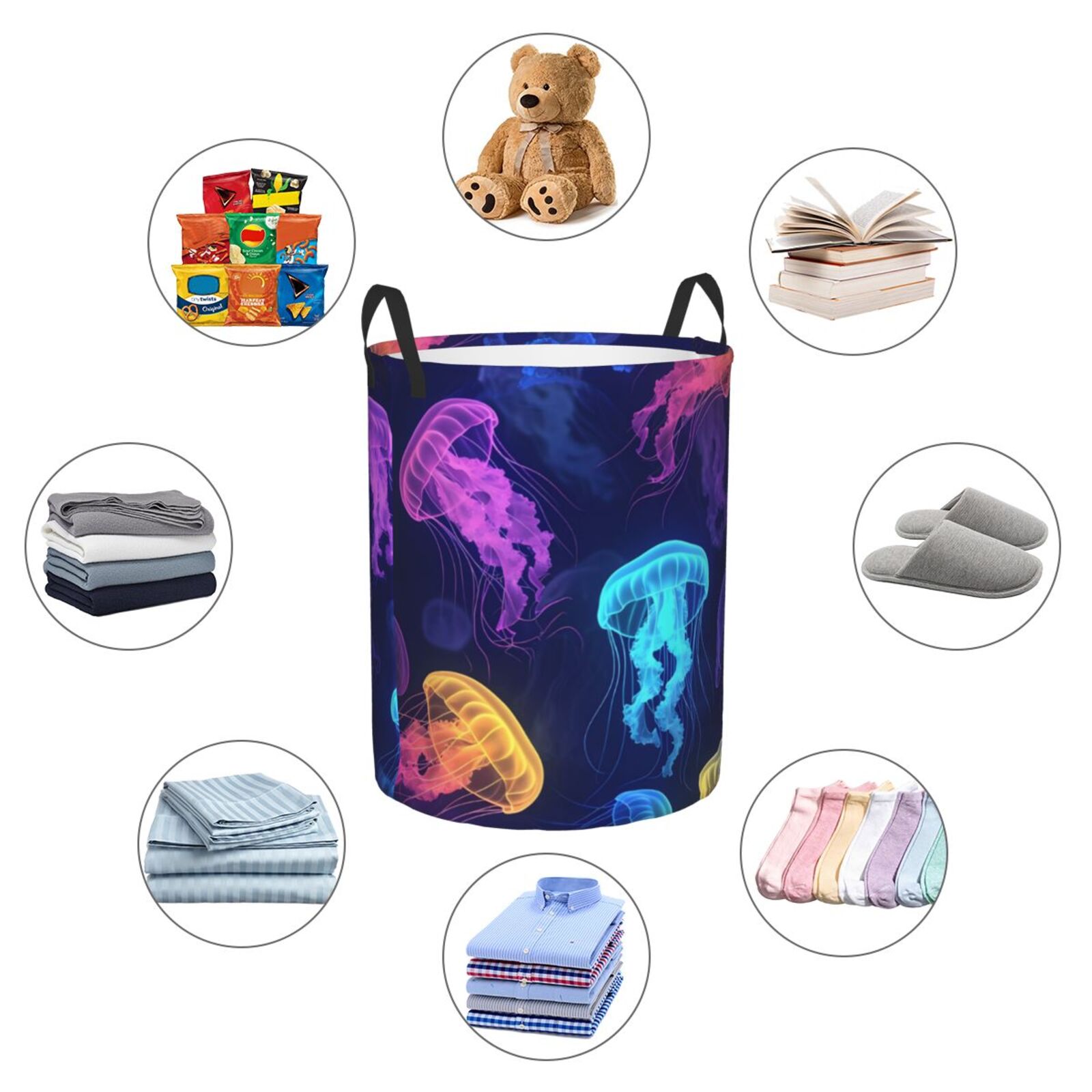 Large Laundry Basket with Handles - Neon Jellyfish Pattern Kids Baby Dirty Clothes Laundry Hamper for Bedroom Aesthetic