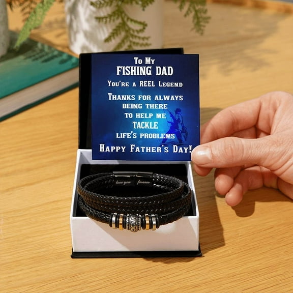 Father's Day Gift for Fisherman Dad Braided Leather Bracelet with Personalized Message Card Birthday Gift for Dad
