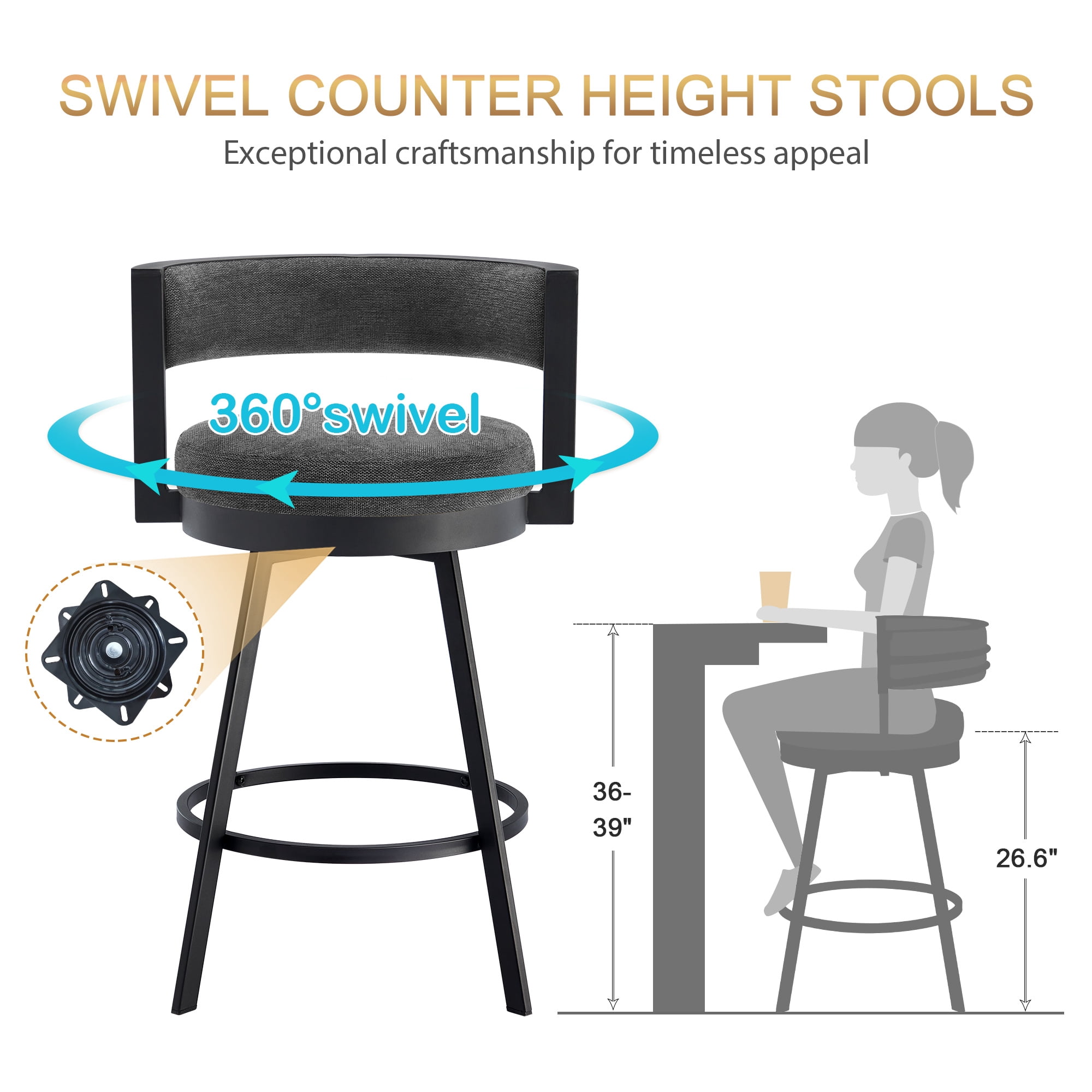 Zesthouse 26.6″ Swivel Bar Stools Set of 2, Linen Upholstered Counter Height Chairs with Barrel Back Metal Legs, Modern Barstools for Kitchen Island, Dark Gray
