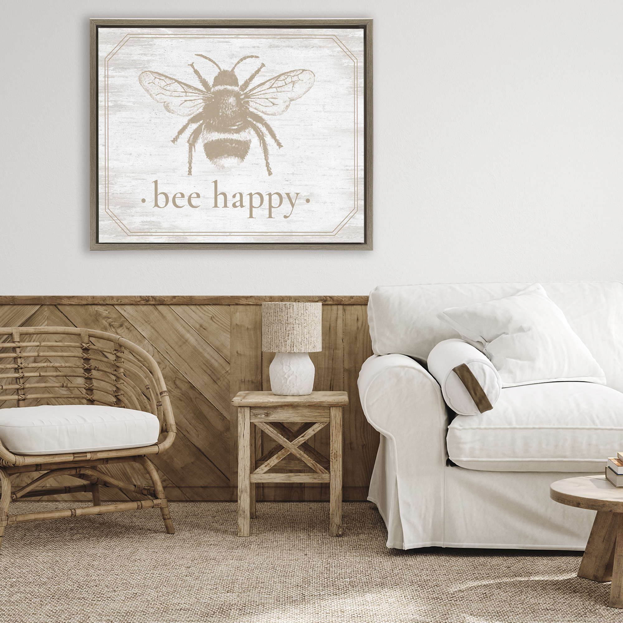Bee Happy with Rustic Border Brown Framed Floater Canvas Wall Art, design by Lettered and Lined