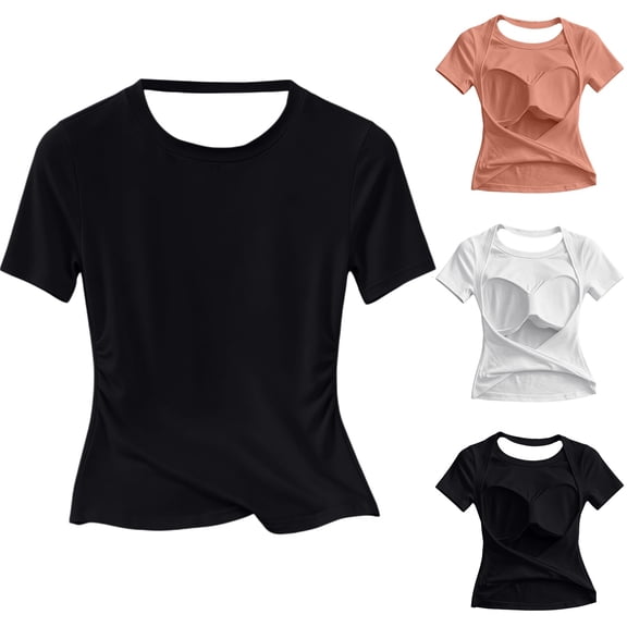 Womens Summer Yoga Shirts Cap Sleeve Crew Neck Open Back Cutout Crop Tops Cross Wrap Hem with Built-in Support Bra Stretchy Breathable Slim Fit Athletic Running Gym Tees Black S