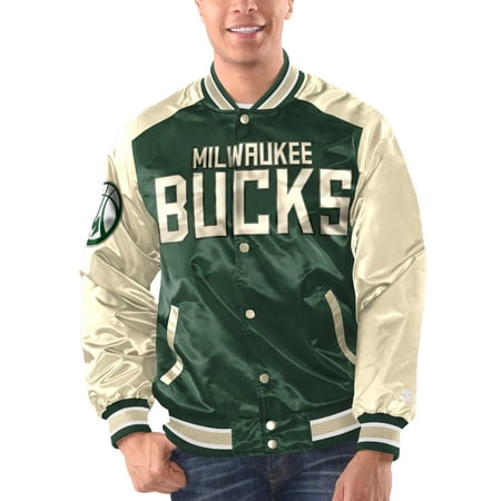Men s Starter Hunter Green/Cream Milwaukee Bucks Renegade Satin Full-Snap Varsity Jacket