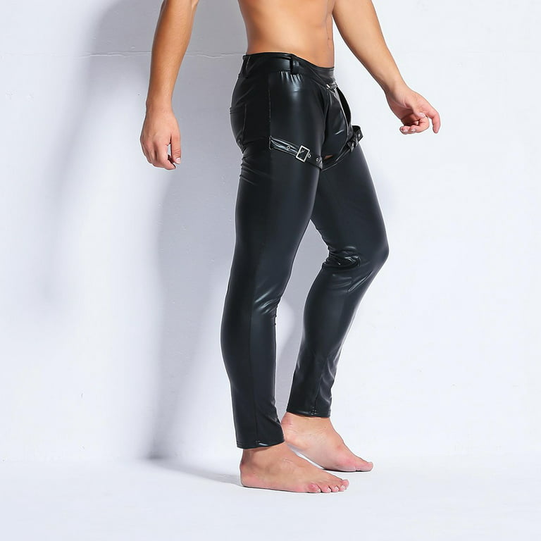 YIWEI Men Shiny PU Leather Leggings Wet Look Long Pouch Pants Trousers  Clubwear Black XL