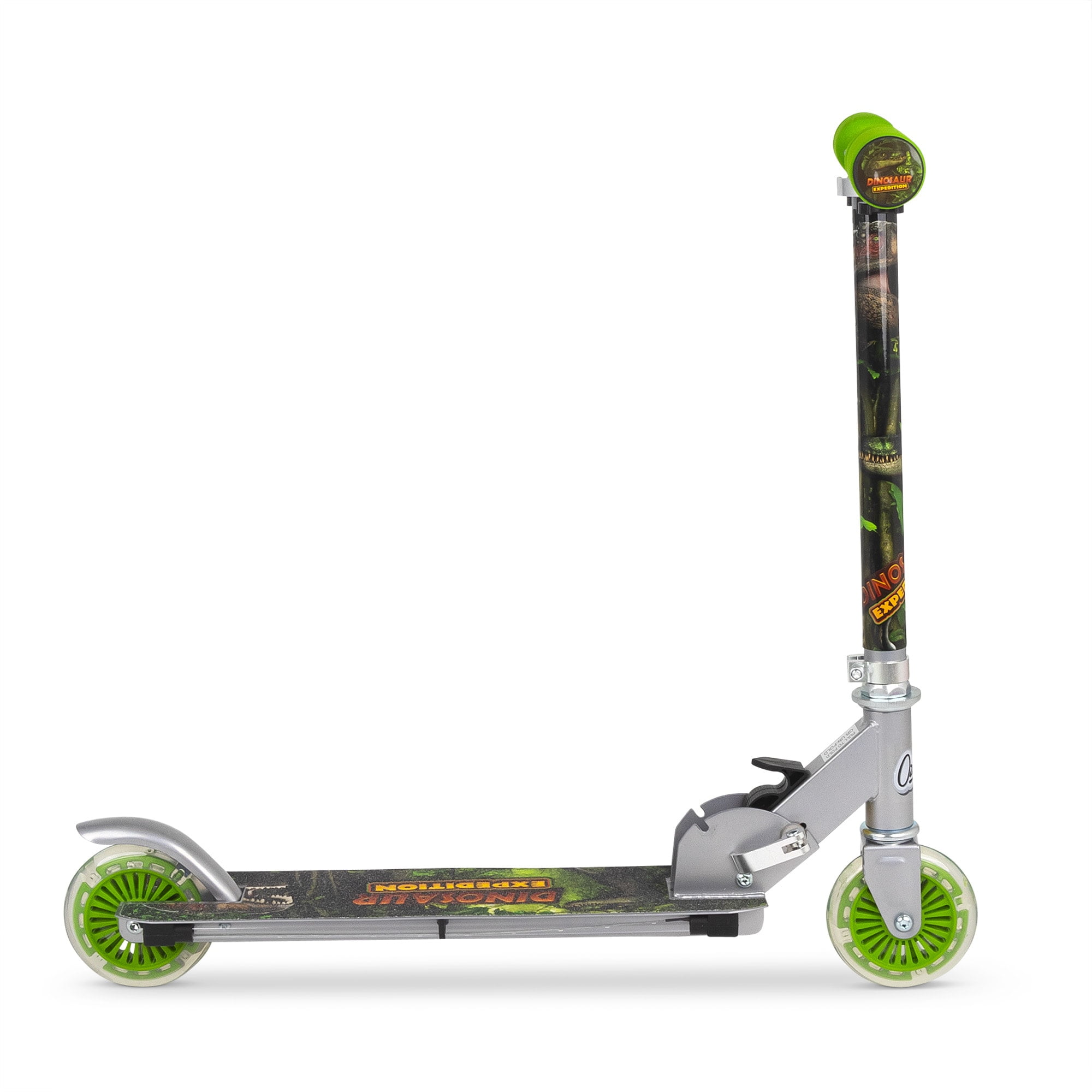 Ozbozz: Flashing Scooter - Dinosaur - Light-Up Wheels & Deck, Adjustable Height, 2 Wheel Outdoor Ride-On, Foam Handles, Foldable, 100lb Limit, Kids 5+