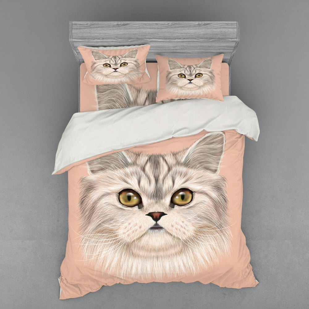 Cat Duvet Cover Set, Kitty Portrait Whiskers Best Pet Animal I Love My