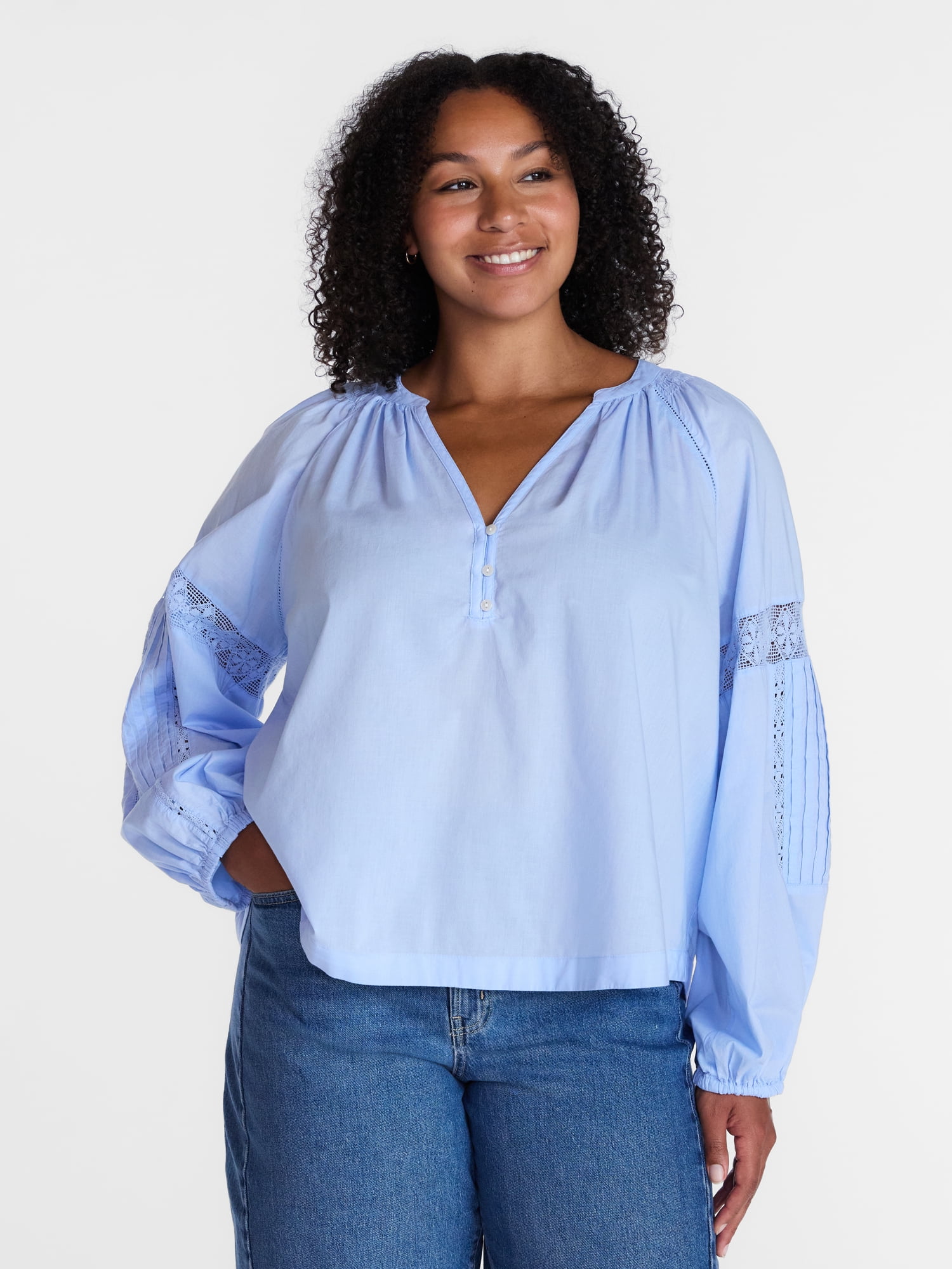Time and Tru Women's Lace Insert Popover Full Sleeve Top, Sizes XS - XXXL