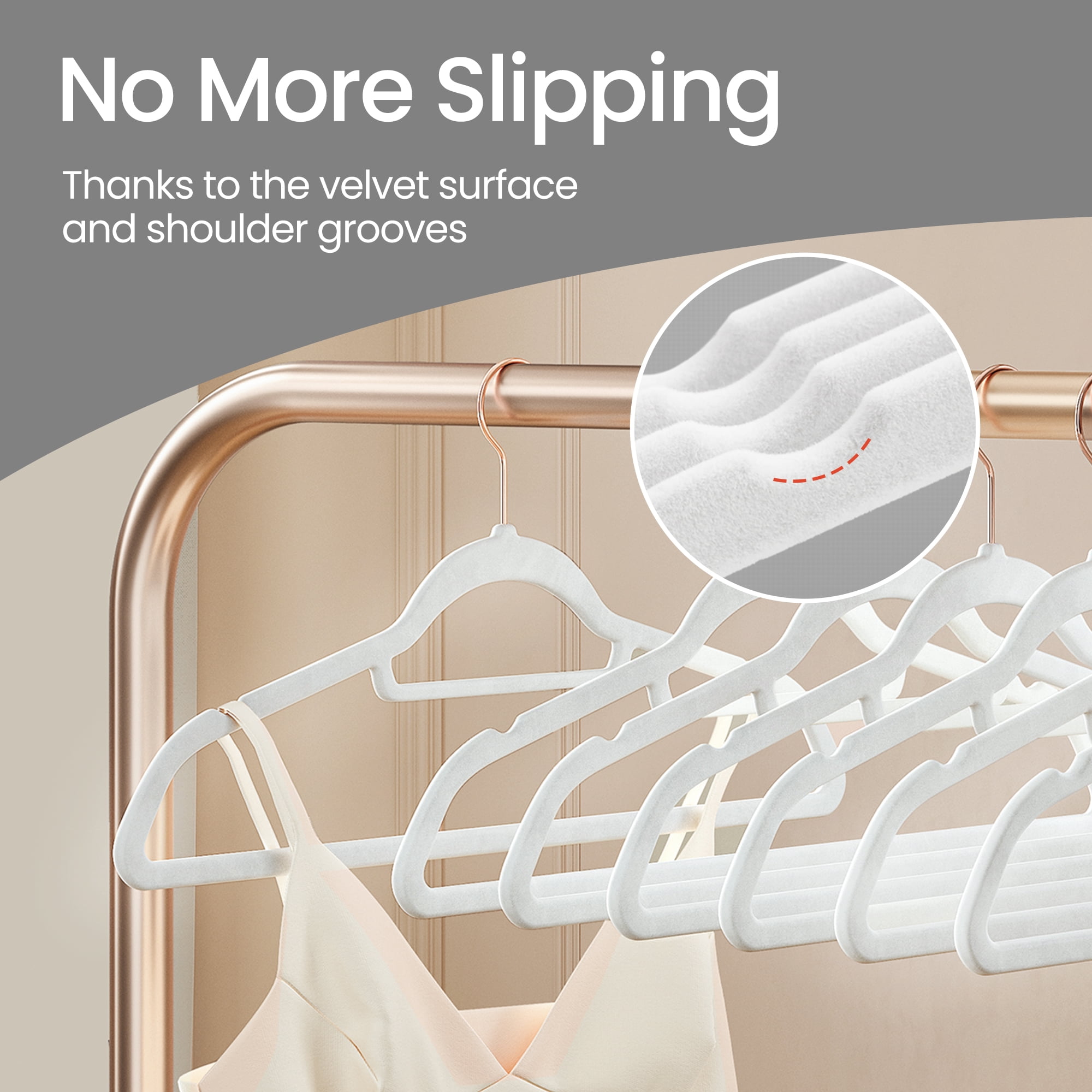 LEDREM Set of 50 Velvet Hangers with Rose Gold Swivel Hooks, Non-Slip Space Saving Hangers for Shirts and Dresses, Cloud White