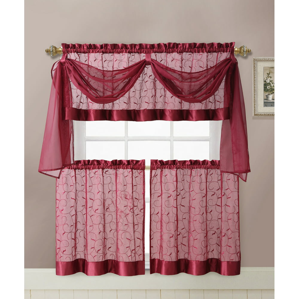 VCNY Home Linen Leaf Embroidered Complete Kitchen Curtain