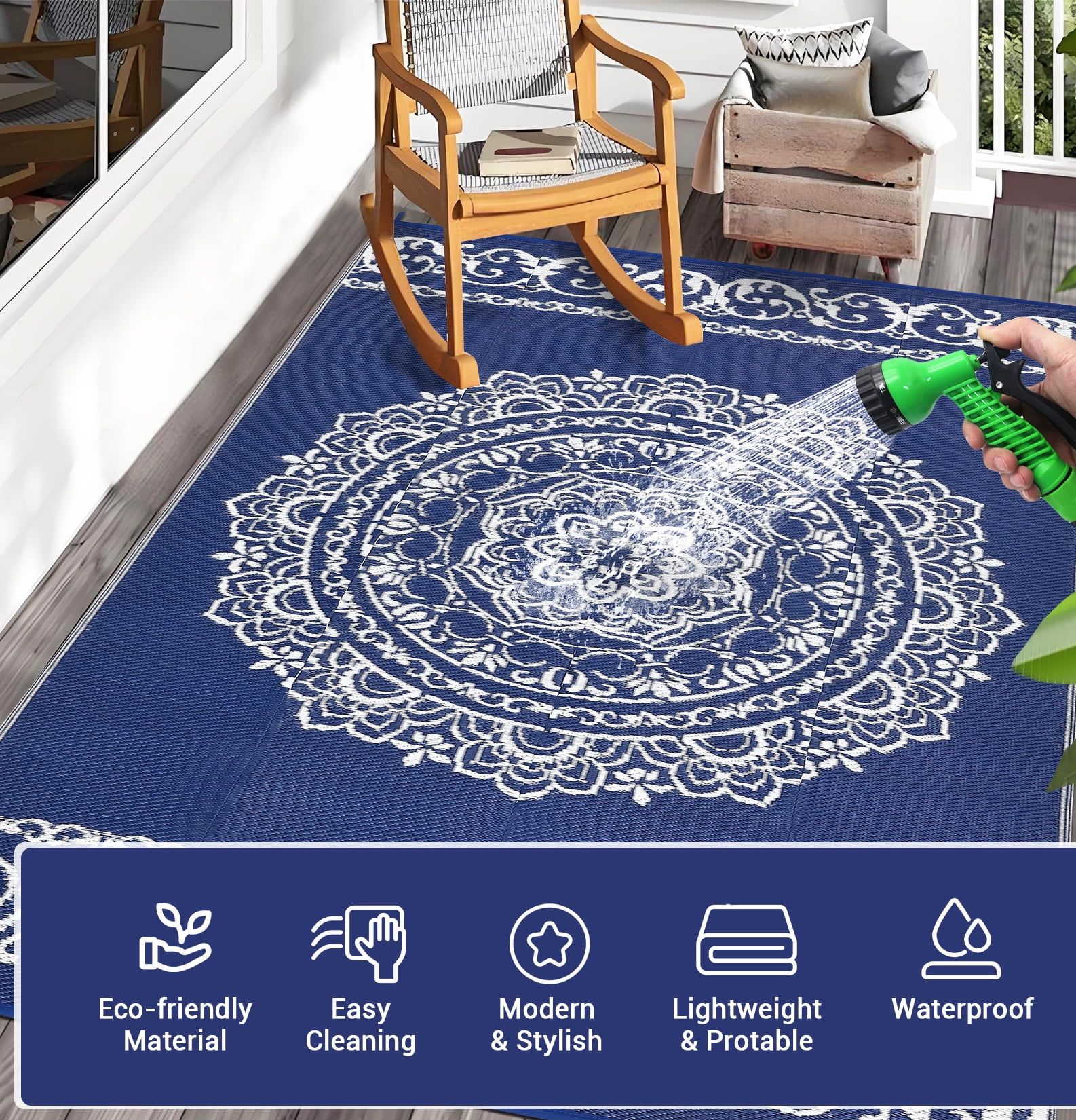 Gavee 9'x12' Boho Outdoor Rug, Waterproof Reversible Patio Area Rug Indoor Outdoor Carpet, Plastic Straw Rug RV Outdoor Mat for Camping Deck Balcony, Porch, Picnic, Dark Blue and White