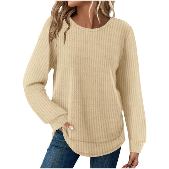 VISALY Women's Oversized Waffle Blouses Long Sleeve Crew Neck Pullover Tops Fashion Tunic Sweatshirts Loose Fit Dressy Casual Waffle Shirts Trendy Fall Outfit Basic Tee Shirts Beige L