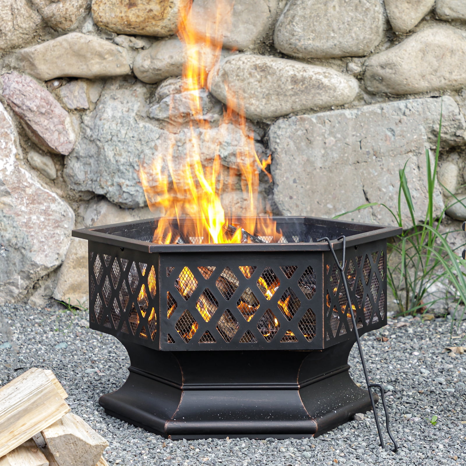 MistMo 28“ Hexagonal Outdoor Wood Burning Fire Pit