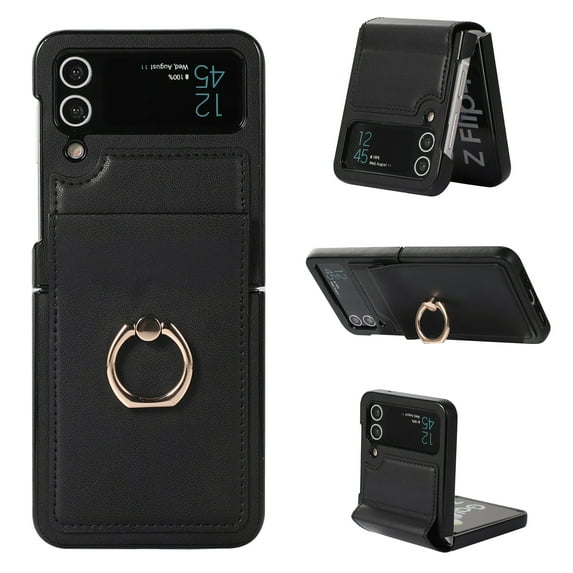 TECH CIRCLE Leather Case for Galaxy Z Flip 4 2022 (6.7 inch) - Shockproof Classic Case with Phone Ring Holder, Black