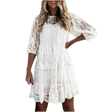 

Womens Summer Long Sleeve Lace Dress Sexy Casual Crewneck Mesh Sheer Floral Mini Dress